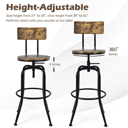 Set of 2 Swivel Adjustable Counter Stools with Ergonomic Arc Backrest