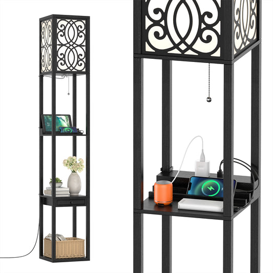 Modern Floor Lamp with Storage Shelves, Power Outlet & USB Charging Ports