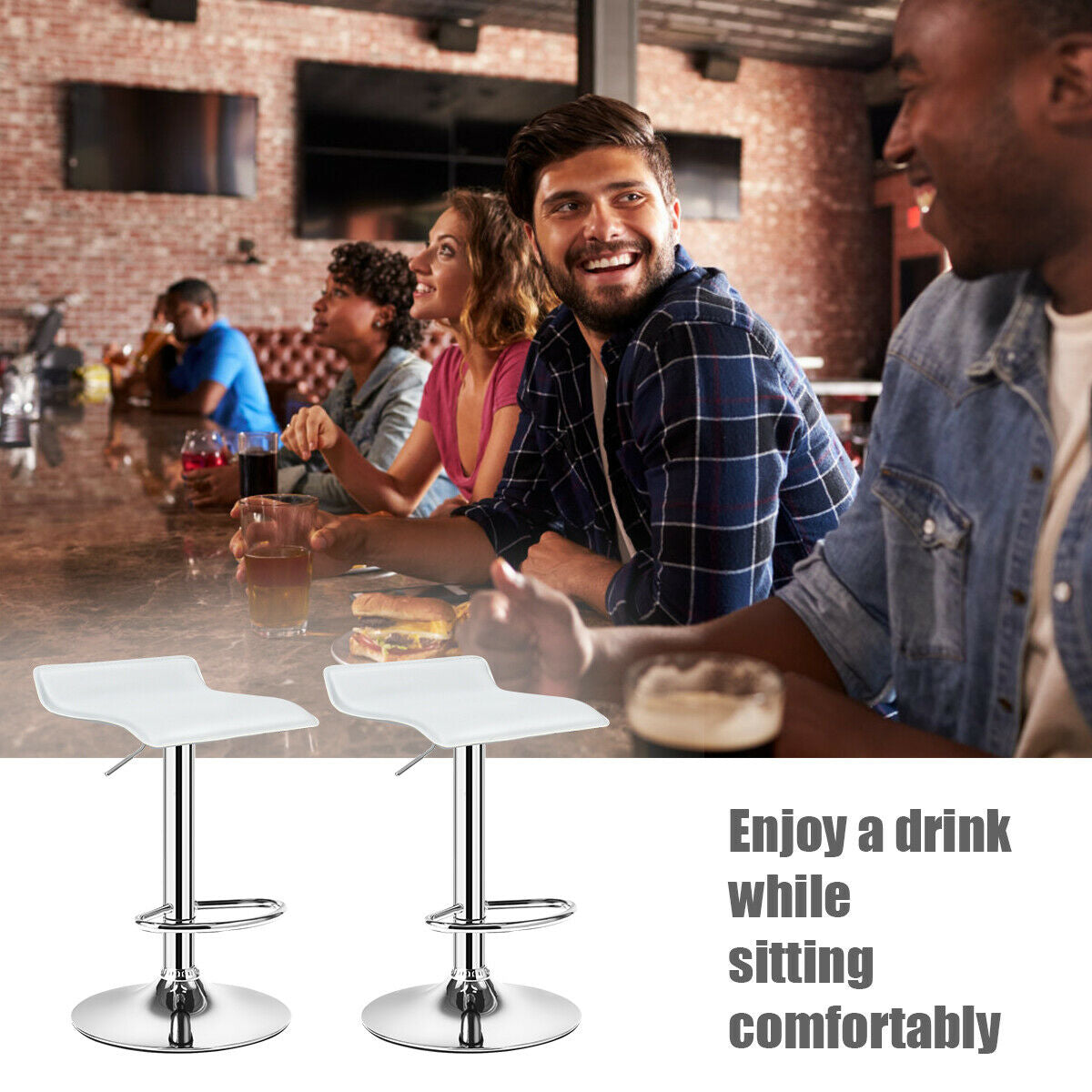 Set of 2 Adjustable Backless Bar Stools with PU Leather Seats and Chrome Steel Base in White