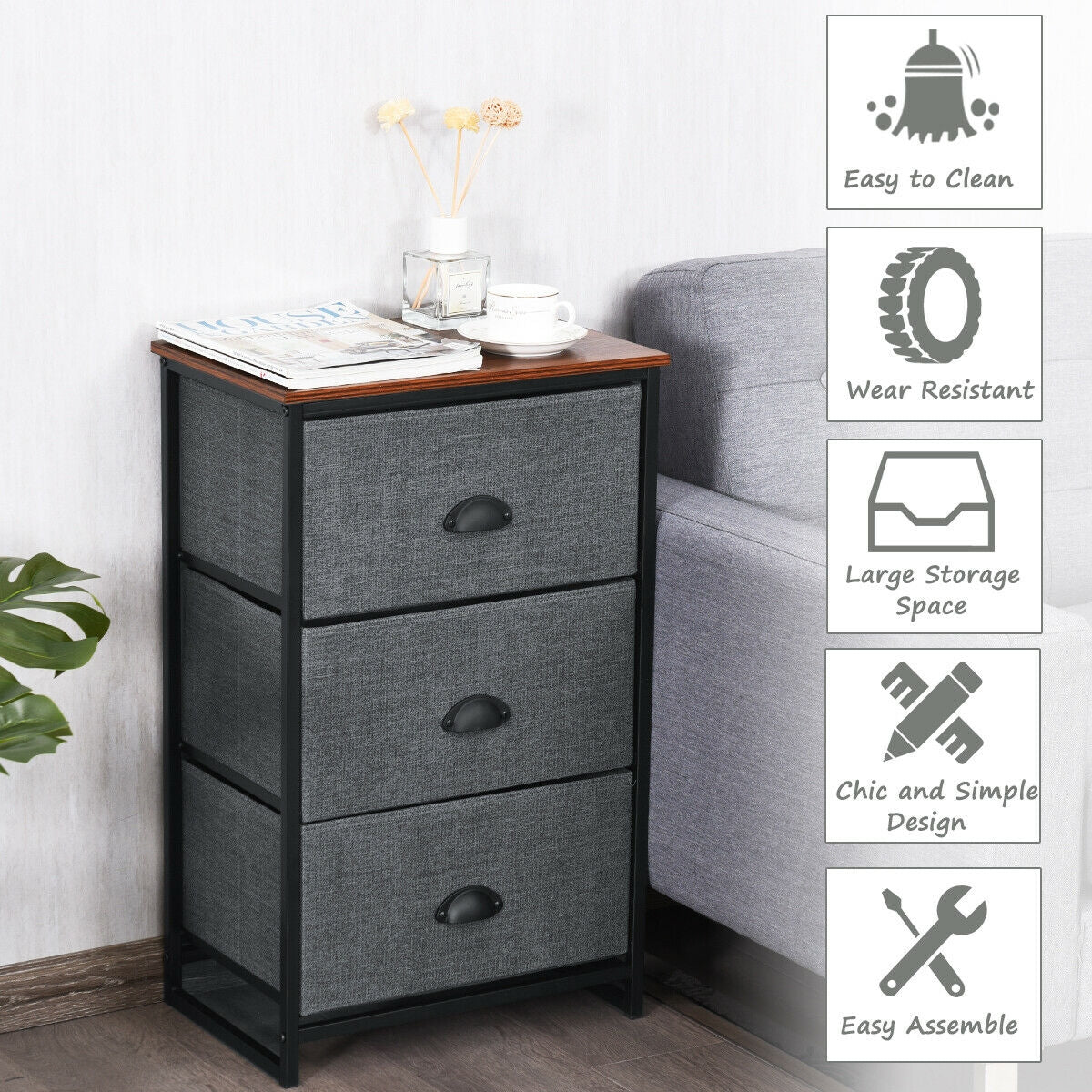 3-Drawer Fabric Dresser with Wood Top – Storage Tower Organizer, Black