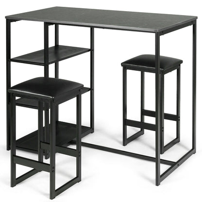 3 Piece Dining Set with Faux Marble Table and Upholstered Stools Black