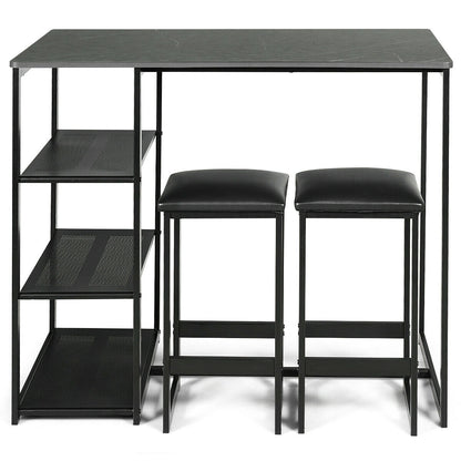 3 Piece Dining Set with Faux Marble Table and Upholstered Stools Black