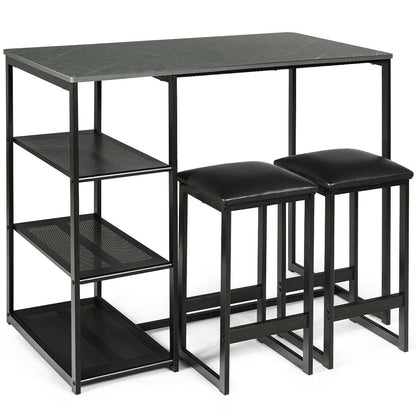 3 Piece Dining Set with Faux Marble Table and Upholstered Stools Black