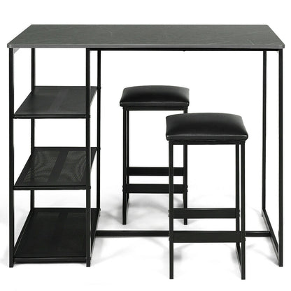 3 Piece Dining Set with Faux Marble Table and Upholstered Stools Black