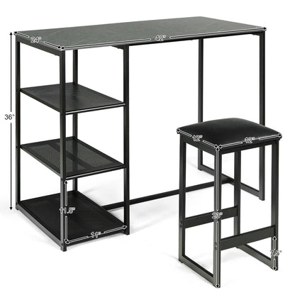 3 Piece Dining Set with Faux Marble Table and Upholstered Stools Black