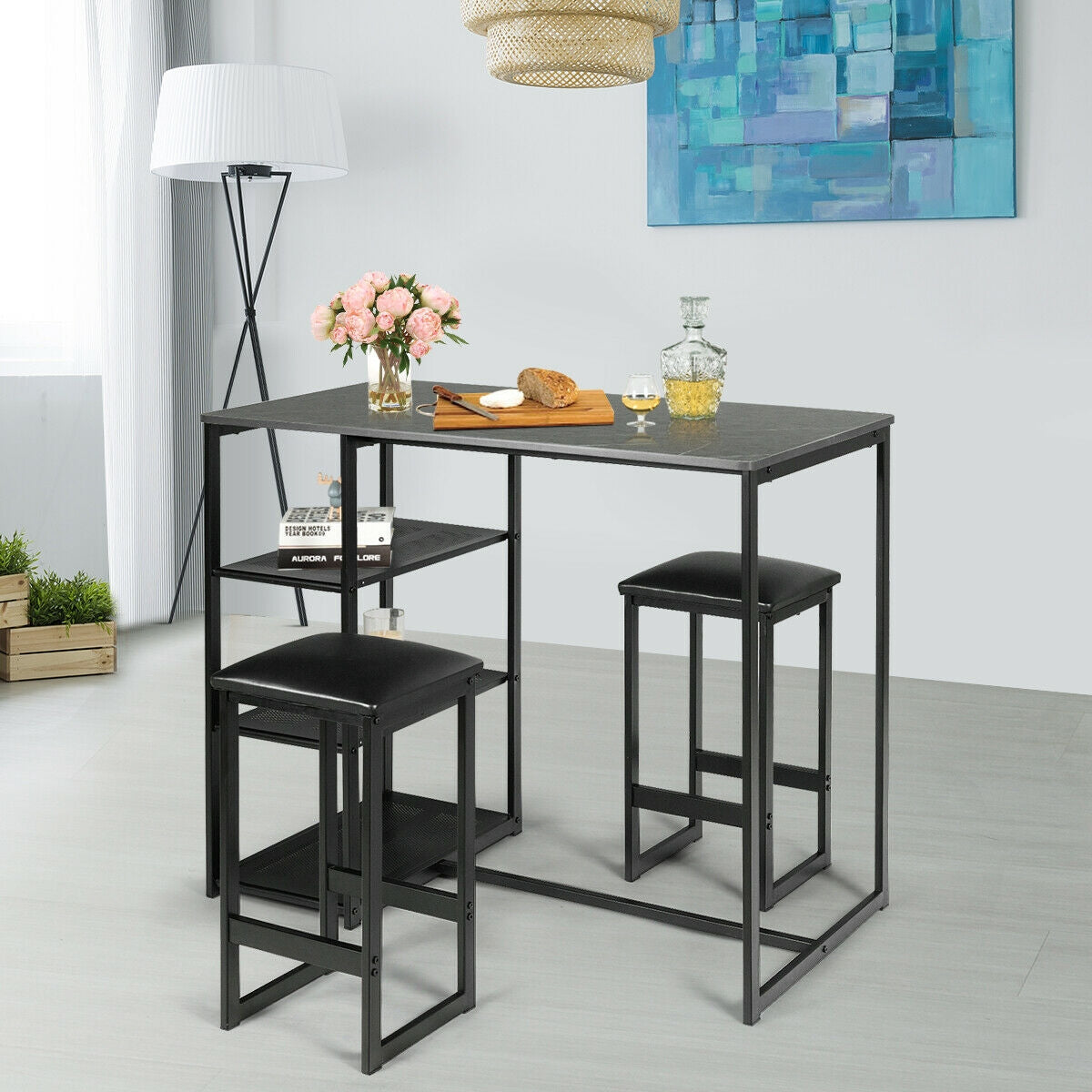3 Piece Dining Set with Faux Marble Table and Upholstered Stools Black