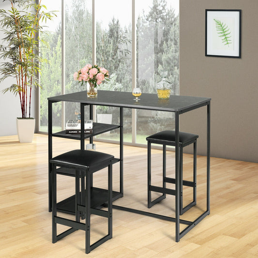 3 Piece Dining Set with Faux Marble Table and Upholstered Stools Black