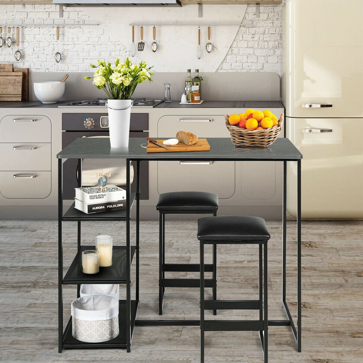 3 Piece Dining Set with Faux Marble Table and Upholstered Stools Black