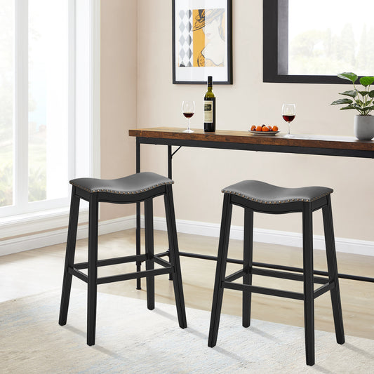 29 Inch Set of 2 Backless Bar Stools with Leather Seat, Nailhead Trim, and Black Wood Legs