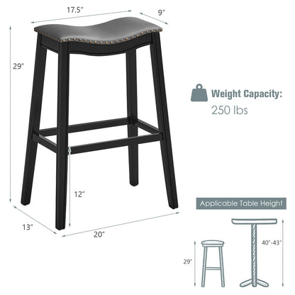29 Inch Set of 2 Backless Bar Stools with Leather Seat, Nailhead Trim, and Black Wood Legs