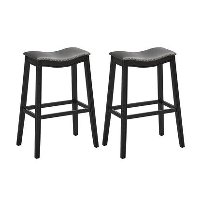 29 Inch Set of 2 Backless Bar Stools with Leather Seat, Nailhead Trim, and Black Wood Legs