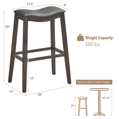 29 Inch Set of 2 Backless Bar Stools with Leather Seat, Nailhead Trim, and Grey Wood Legs