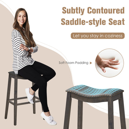 29 Inch Set of 2 Backless Bar Stools with Leather Seat, Nailhead Trim, and Grey Wood Legs