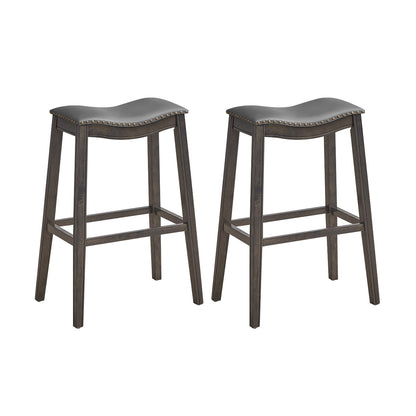 29 Inch Set of 2 Backless Bar Stools with Leather Seat, Nailhead Trim, and Grey Wood Legs