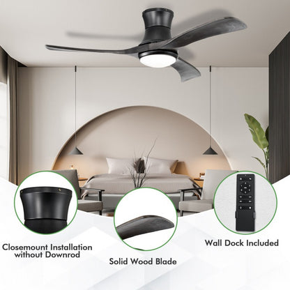 52 Inch Black Flush Mount Ceiling Fan with LED Light & Remote Control