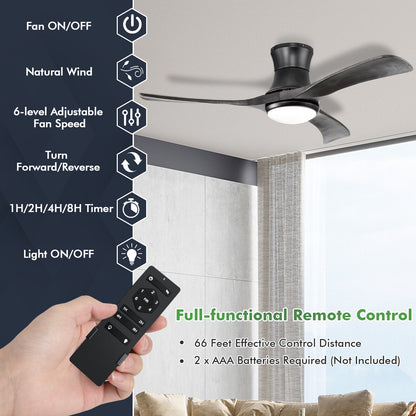 52 Inch Black Flush Mount Ceiling Fan with LED Light & Remote Control