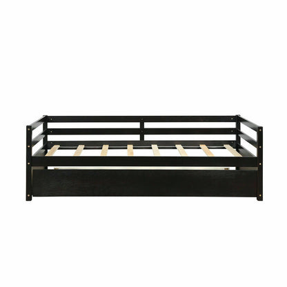 Space Saving Twin Daybed with Pull Out Trundle and Sturdy Wood Slat Frame - Dark Brown