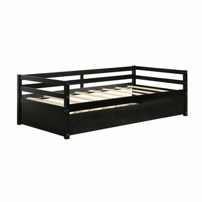 Space Saving Twin Daybed with Pull Out Trundle and Sturdy Wood Slat Frame - Dark Brown