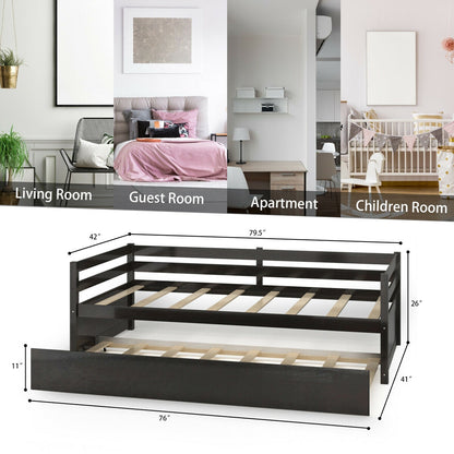 Space Saving Twin Daybed with Pull Out Trundle and Sturdy Wood Slat Frame - Dark Brown