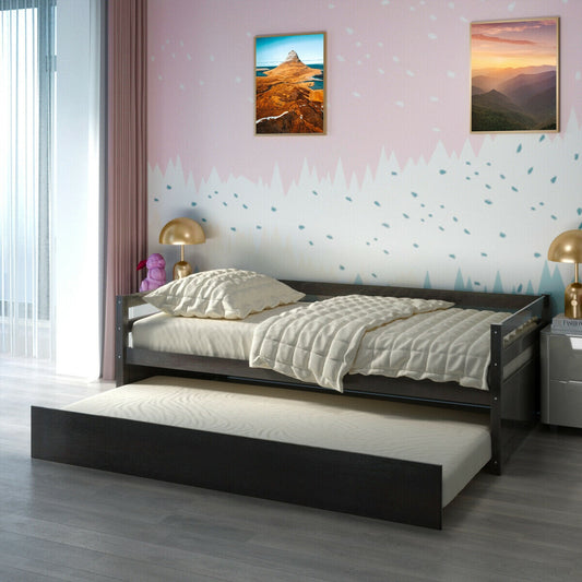 Space Saving Twin Daybed with Pull Out Trundle and Sturdy Wood Slat Frame - Dark Brown