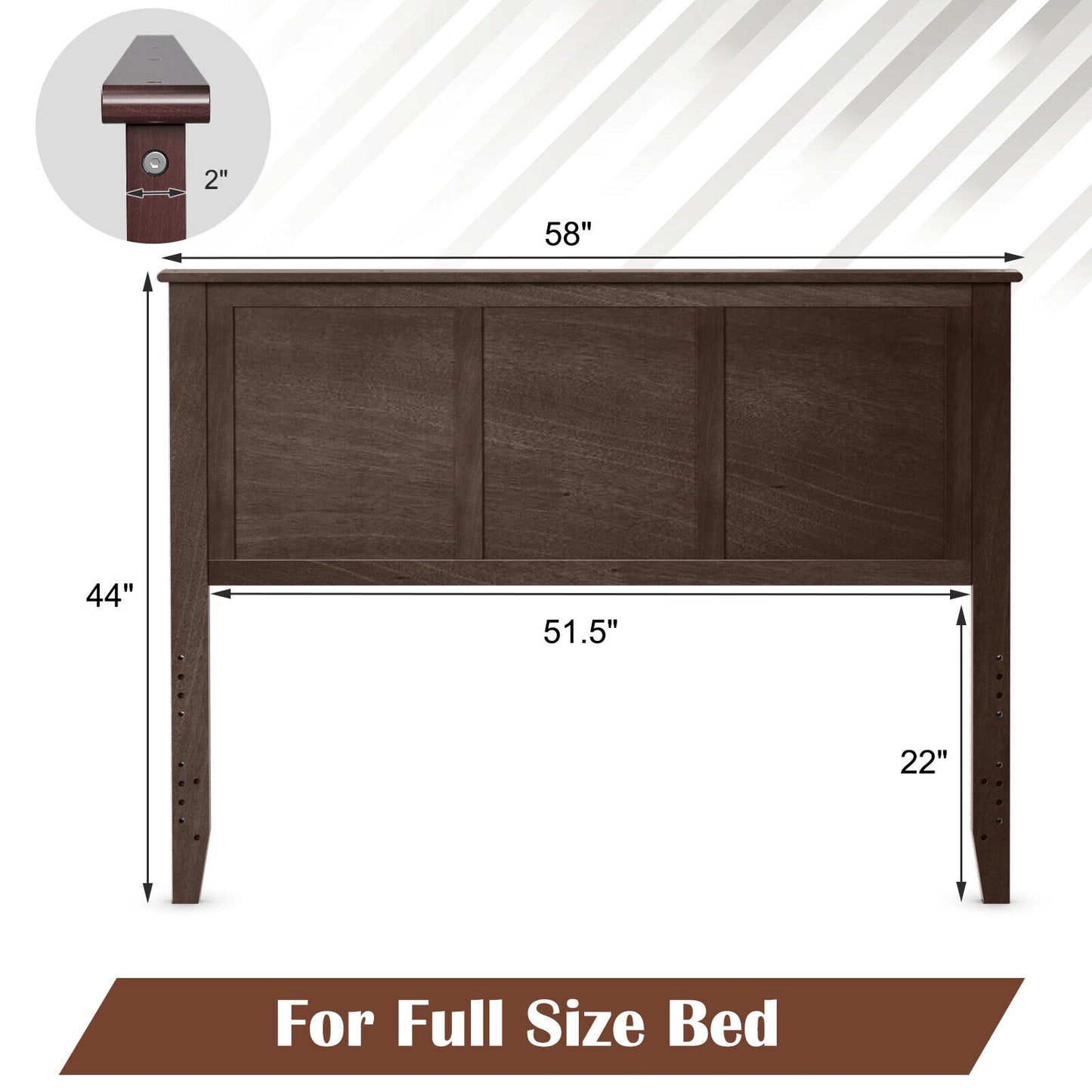 Full Size Wood Headboard with Adjustable Height and Pre-Drilled Holes - Brown