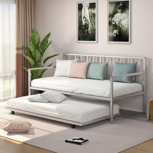 Metal Twin Daybed with Pull Out Trundle Frame Set for Guest Room or Small Spaces Silver