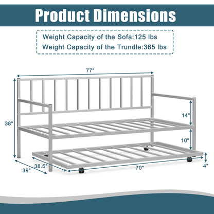 Metal Twin Daybed with Pull Out Trundle Frame Set for Guest Room or Small Spaces Silver