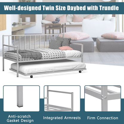 Metal Twin Daybed with Pull Out Trundle Frame Set for Guest Room or Small Spaces Silver