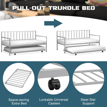 Metal Twin Daybed with Pull Out Trundle Frame Set for Guest Room or Small Spaces Silver