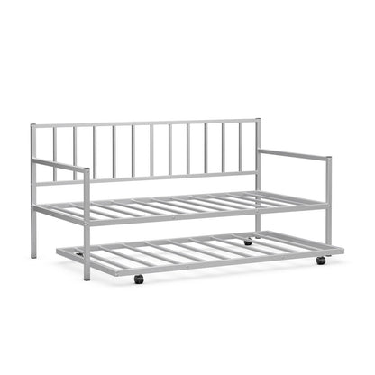 Metal Twin Daybed with Pull Out Trundle Frame Set for Guest Room or Small Spaces Silver