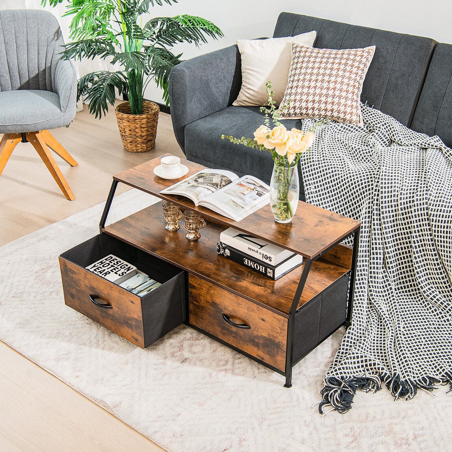 Fabric Drawer Dresser TV Stand with Open Storage Shelves for Living Room or Bedroom