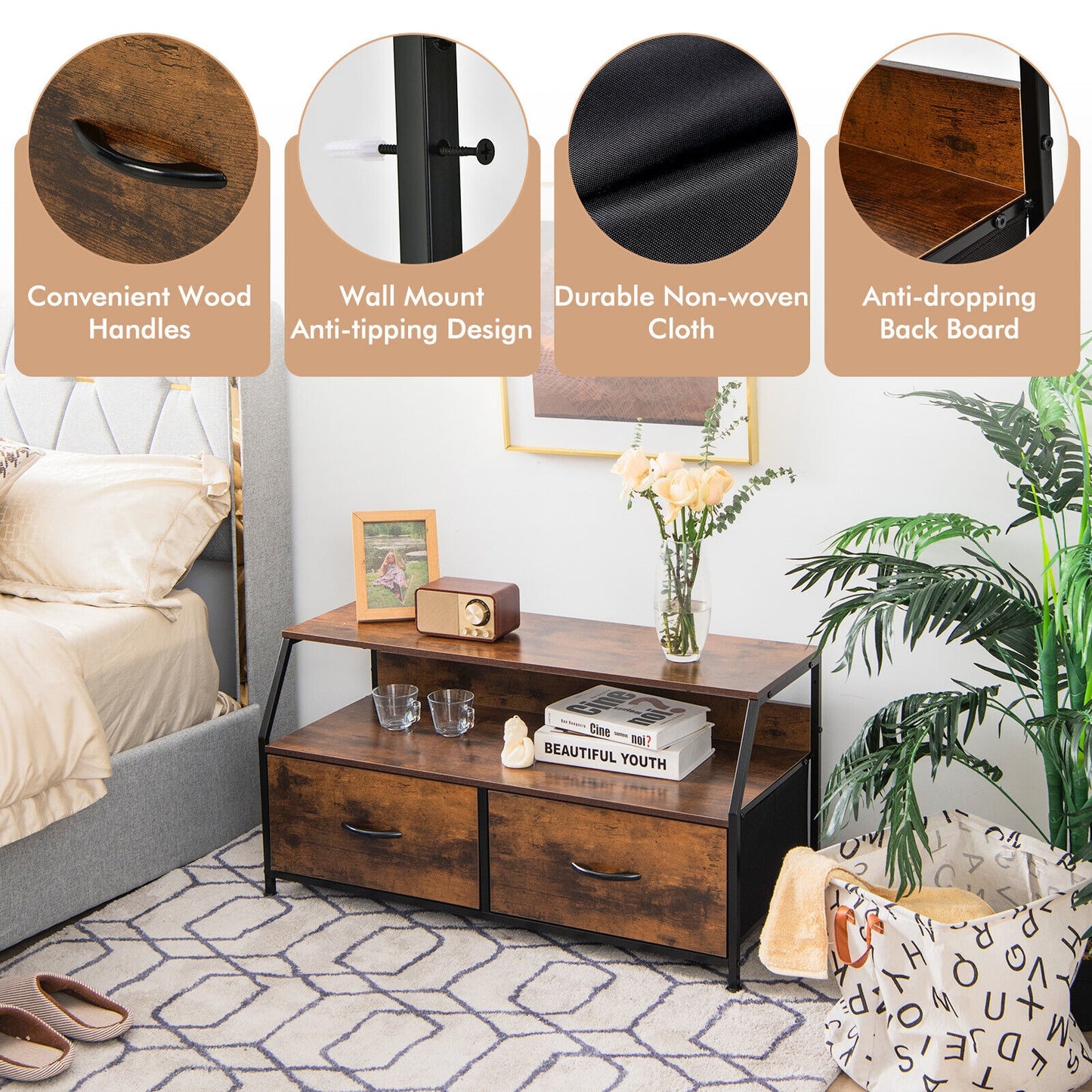 Fabric Drawer Dresser TV Stand with Open Storage Shelves for Living Room or Bedroom