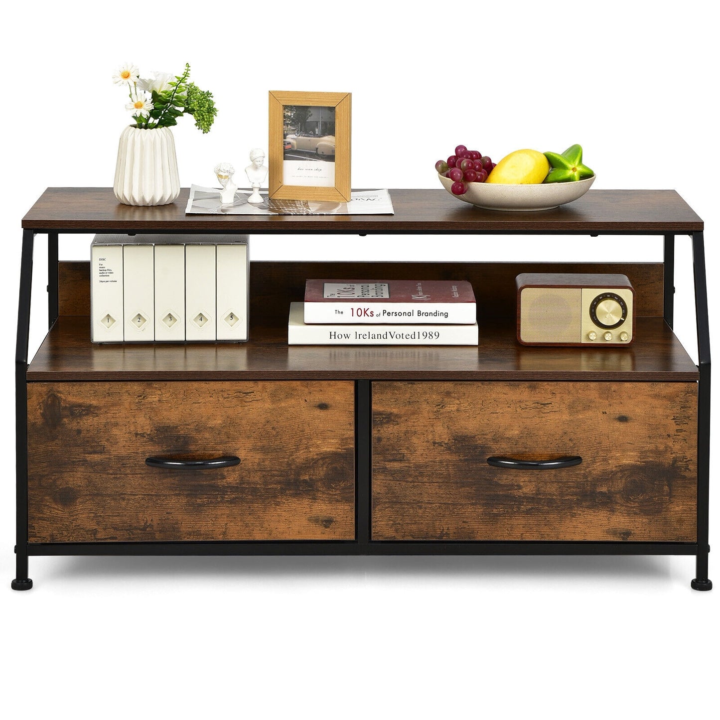 Fabric Drawer Dresser TV Stand with Open Storage Shelves for Living Room or Bedroom