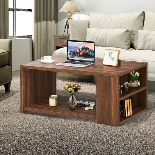 Coffee Table with Multiple Storage Shelves in Walnut Finish