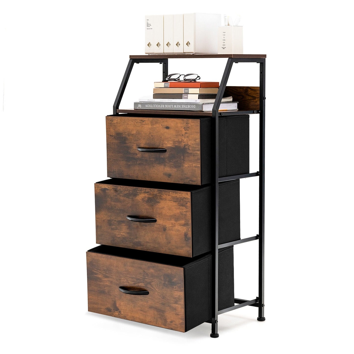 36 Inch Tall Freestanding Storage Cabinet with Wood Top and Open Shelves