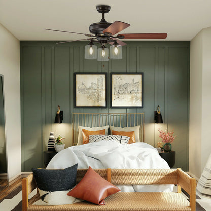 52 Inch Bronze Ceiling Fan with Clear Glass Lampshades, Reversible Blades & Pull Chain Control