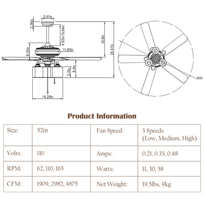 52 Inch Bronze Ceiling Fan with Clear Glass Lampshades, Reversible Blades & Pull Chain Control