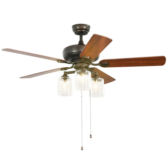 52 Inch Bronze Ceiling Fan with Clear Glass Lampshades, Reversible Blades & Pull Chain Control