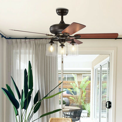 52 Inch Bronze Ceiling Fan with Clear Glass Lampshades, Reversible Blades & Pull Chain Control