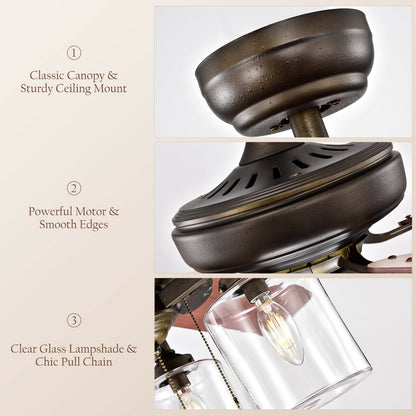 52 Inch Bronze Ceiling Fan with Clear Glass Lampshades, Reversible Blades & Pull Chain Control