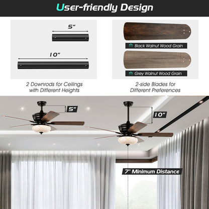 52 Inch Retro Ceiling Fan with 3 Speed Settings & Reversible Dual-Finish Blades – Black