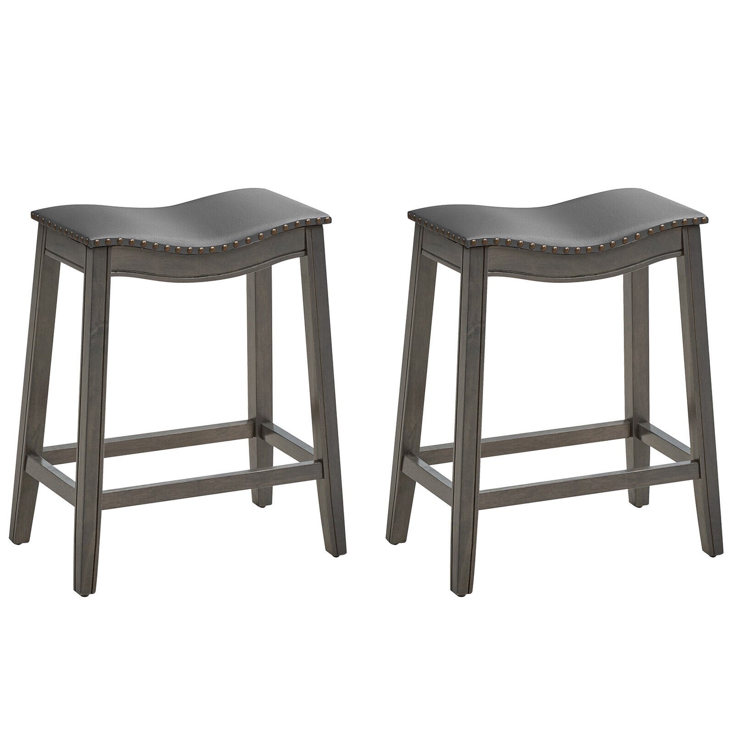Set of 2 Grey PU Leather Saddle Counter Stools with Durable Rubber Wood Legs