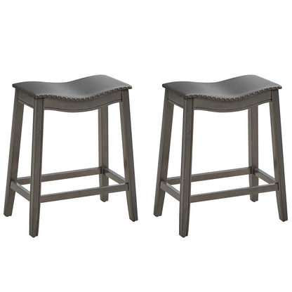 Set of 2 Grey PU Leather Saddle Counter Stools with Durable Rubber Wood Legs