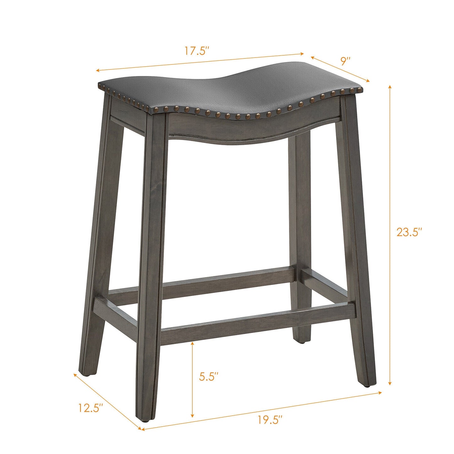 Set of 2 Grey PU Leather Saddle Counter Stools with Durable Rubber Wood Legs