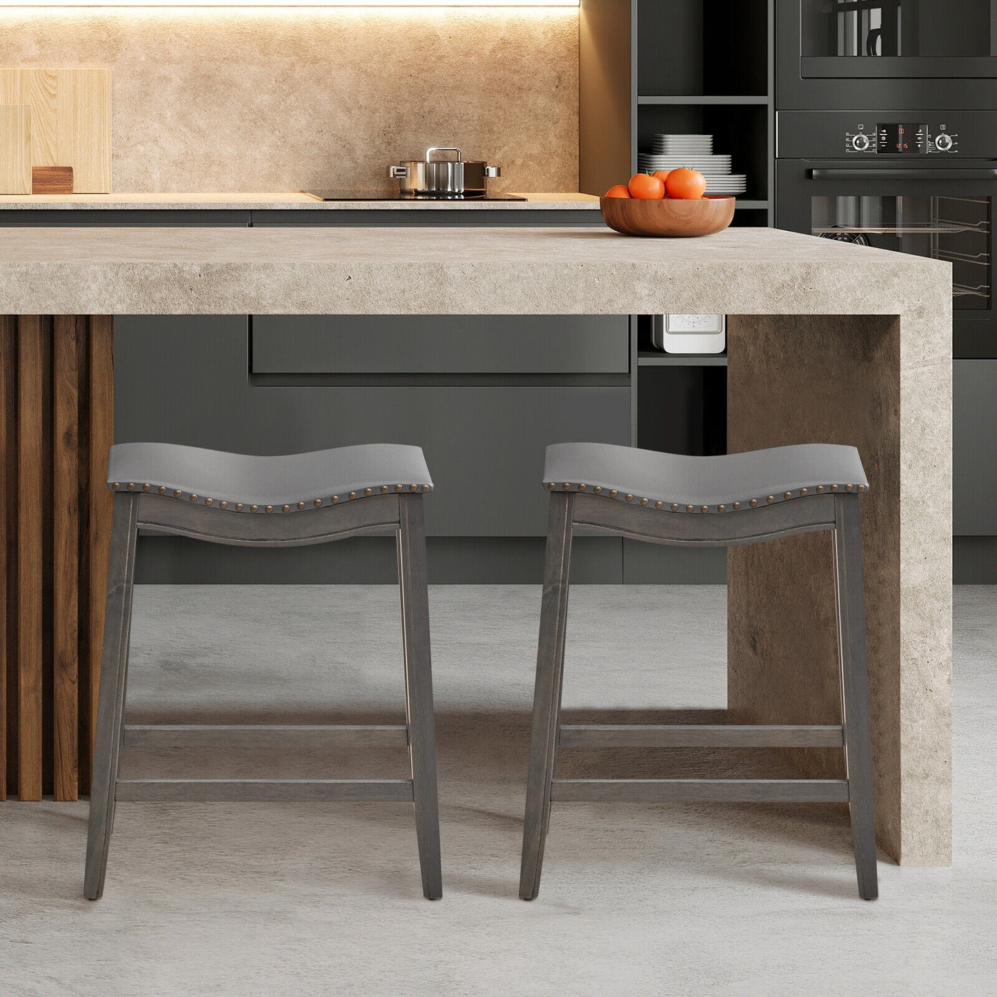 Set of 2 Grey PU Leather Saddle Counter Stools with Durable Rubber Wood Legs