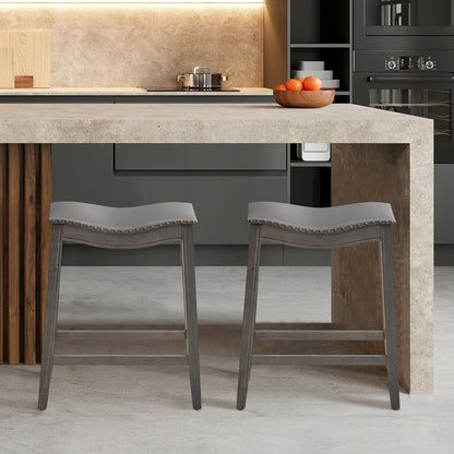Set of 2 Grey PU Leather Saddle Counter Stools with Durable Rubber Wood Legs