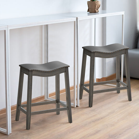 Set of 2 Grey PU Leather Saddle Counter Stools with Durable Rubber Wood Legs