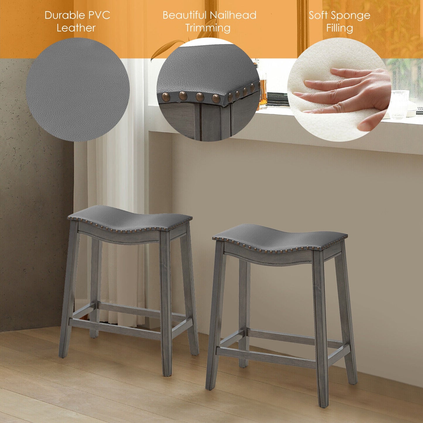 Set of 2 Grey PU Leather Saddle Counter Stools with Durable Rubber Wood Legs