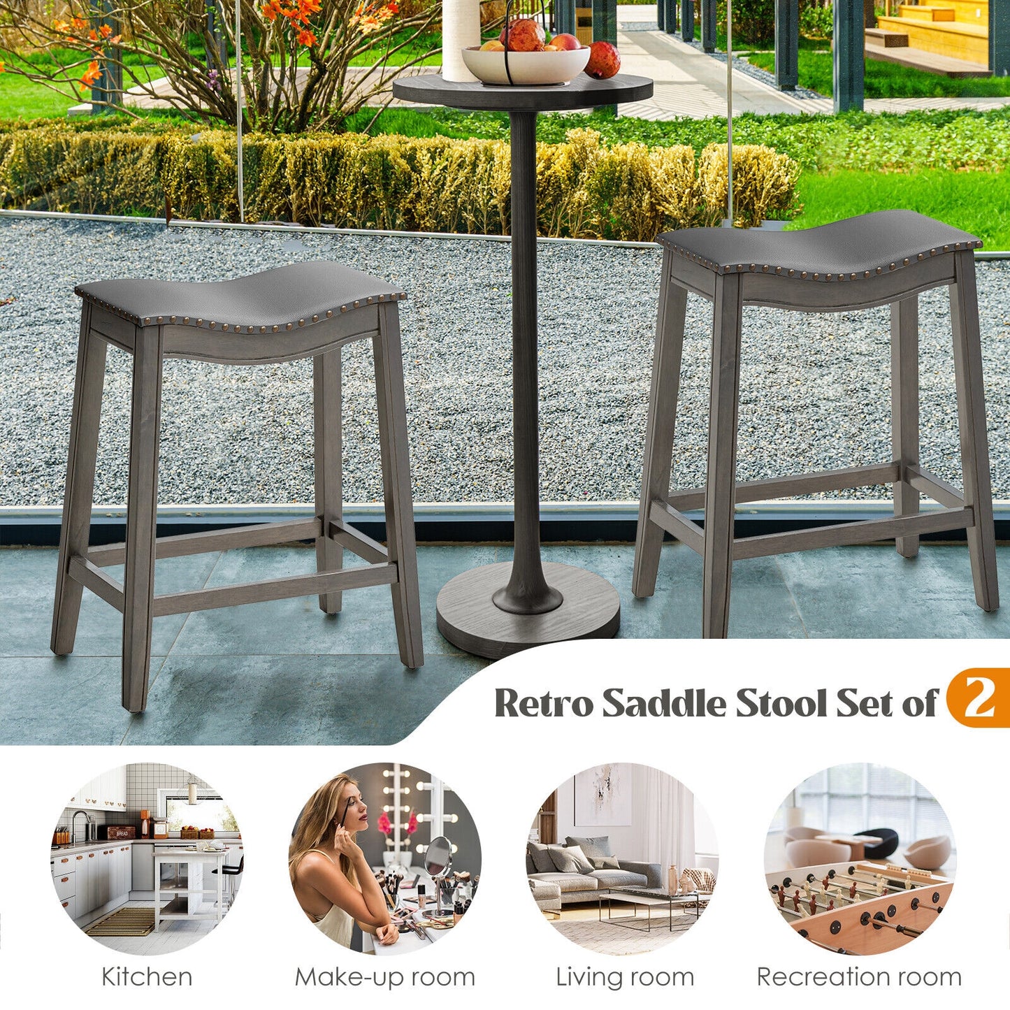 Set of 2 Grey PU Leather Saddle Counter Stools with Durable Rubber Wood Legs