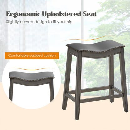 Set of 2 Grey PU Leather Saddle Counter Stools with Durable Rubber Wood Legs